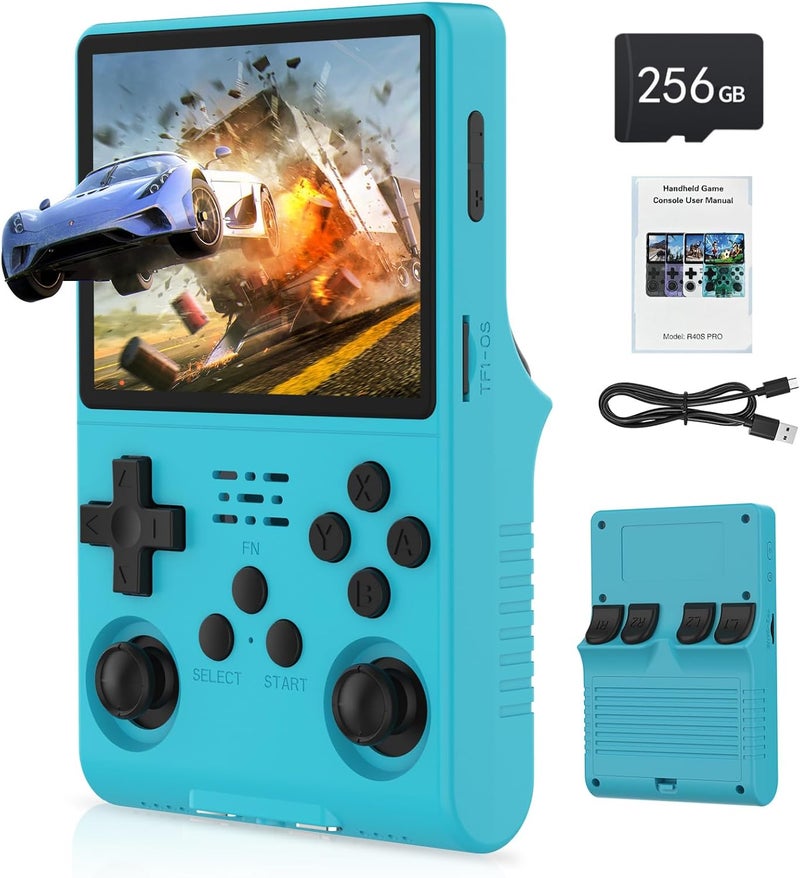 FVBADE [30000 in 1] R40S PRO Handheld Game Console 3.5 inch IPS Screen Mini Retro Console 3800mAh Portable Pocket Arcade 45+ Mainstream Emulator 256G TF Card Transparent.(Blue) - Image 1